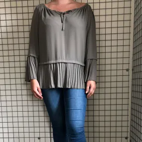 Khaki Pleated Edge Tie Front Blouse