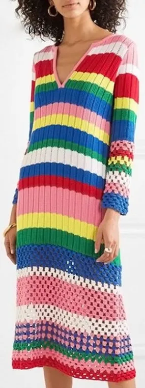 Knit Striped Crochet Midi Dress