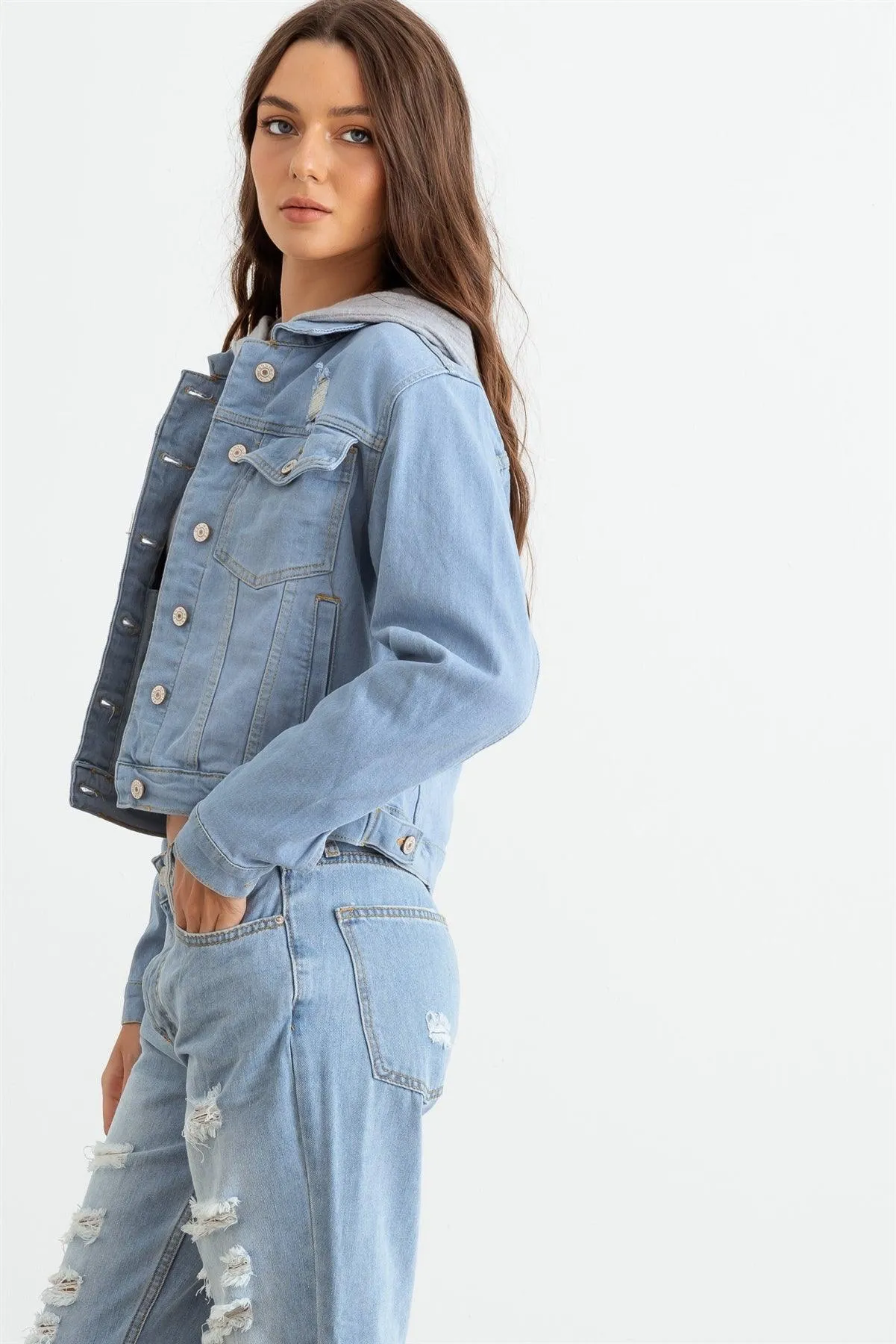 Light Denim Button-Up Long Sleeve Distressed Jacket