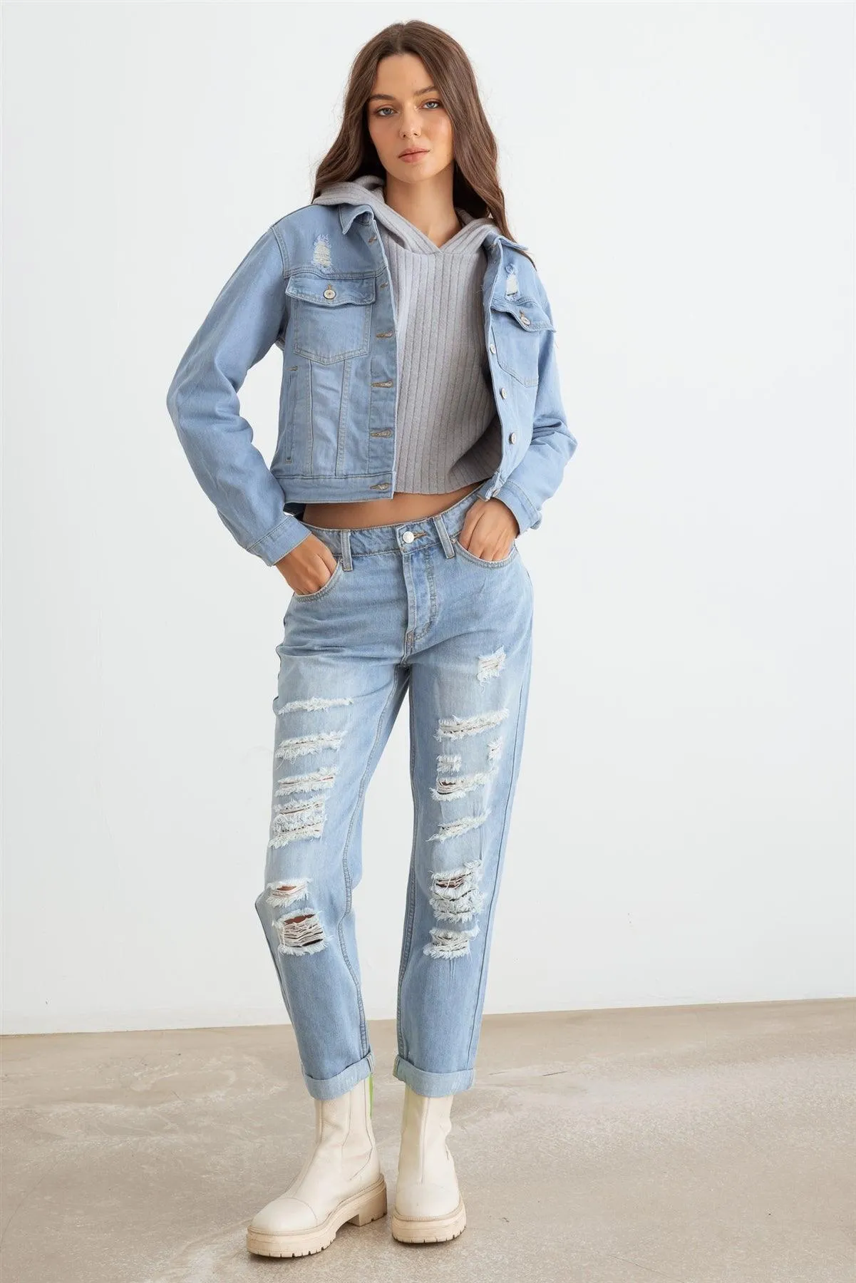 Light Denim Button-Up Long Sleeve Distressed Jacket