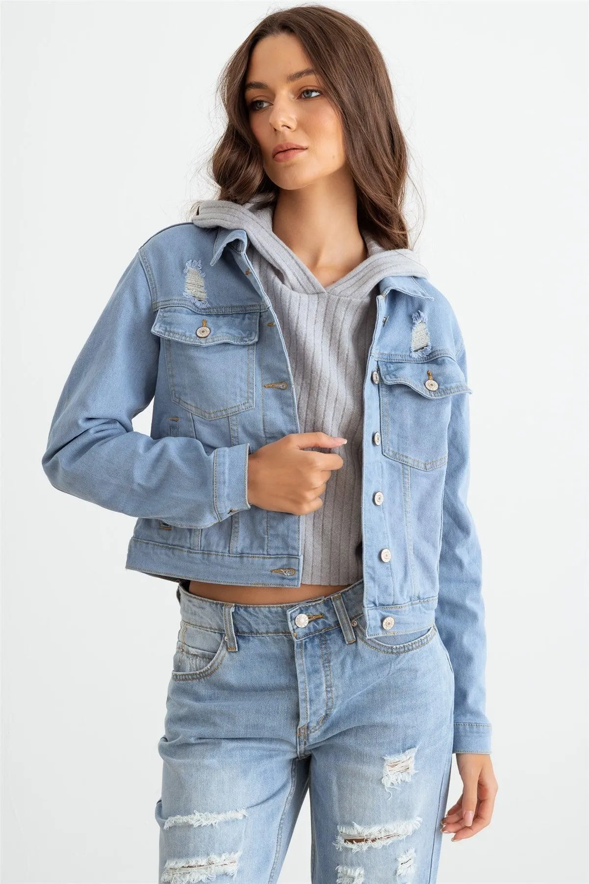 Light Denim Button-Up Long Sleeve Distressed Jacket