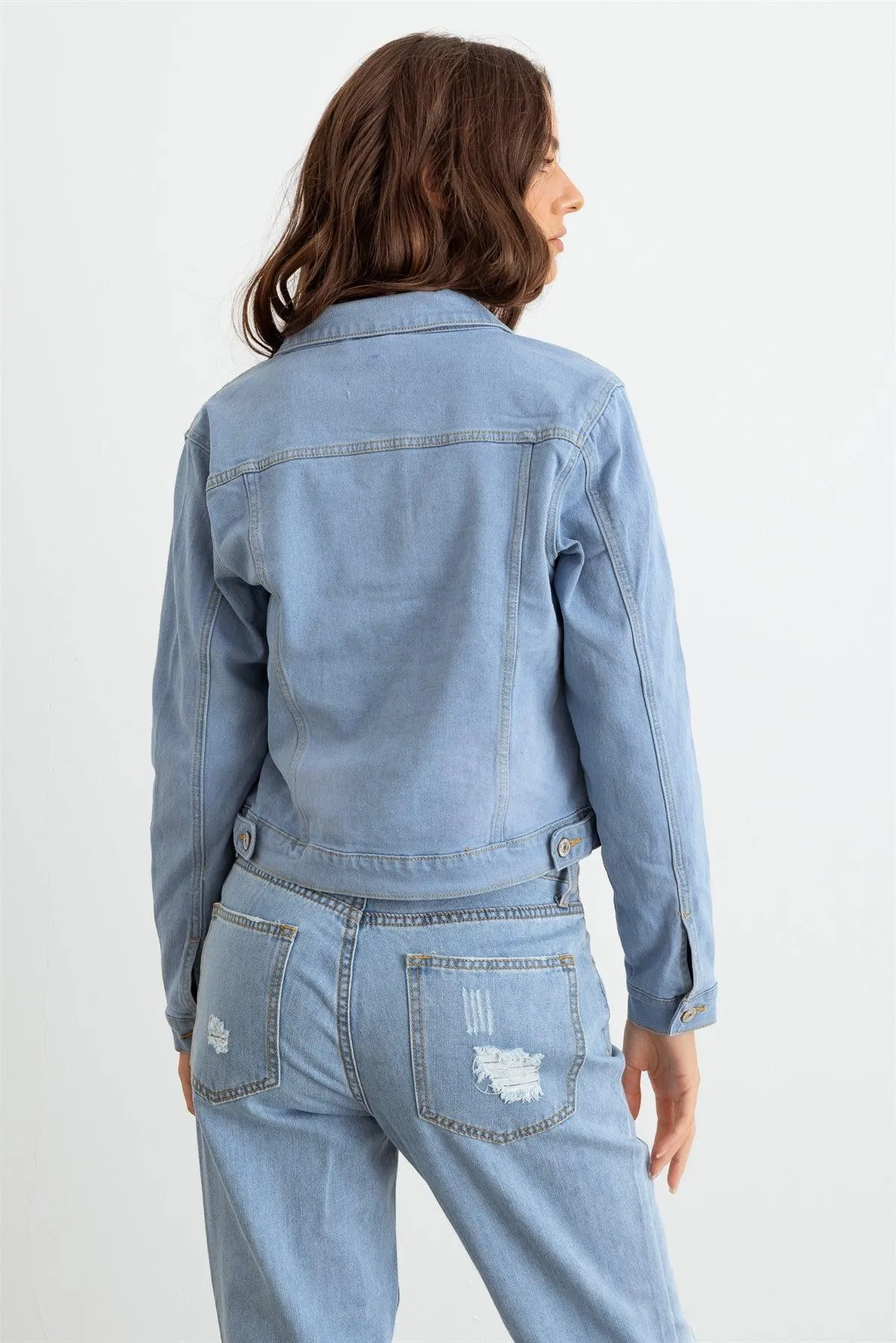 Light Denim Button-Up Long Sleeve Distressed Jacket