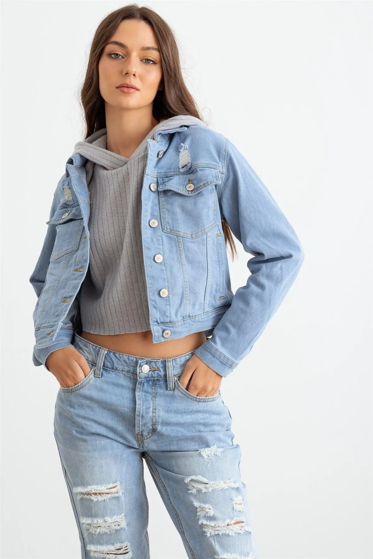 Light Denim Button-Up Long Sleeve Distressed Jacket