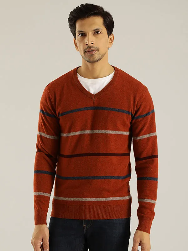 Men Striped Full Sleeve V-Neck Sweater