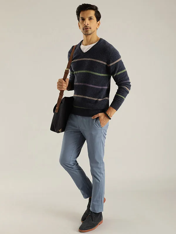 Men Striped Full Sleeve V-Neck Sweater