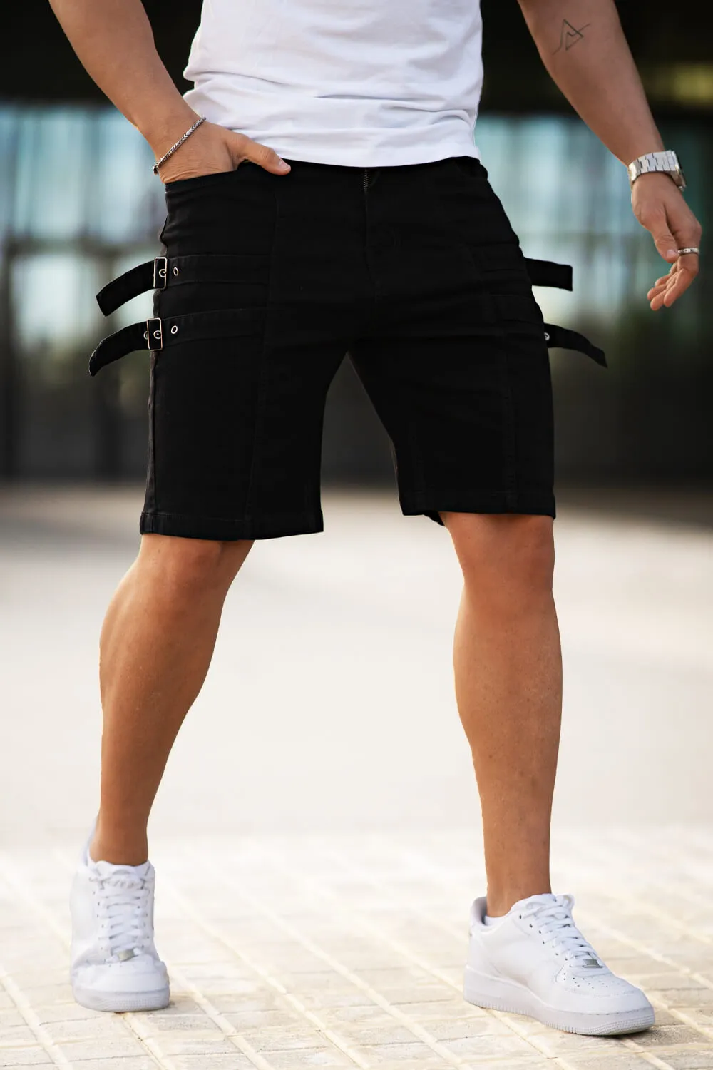 Men's Denim Short - Black And Webbing