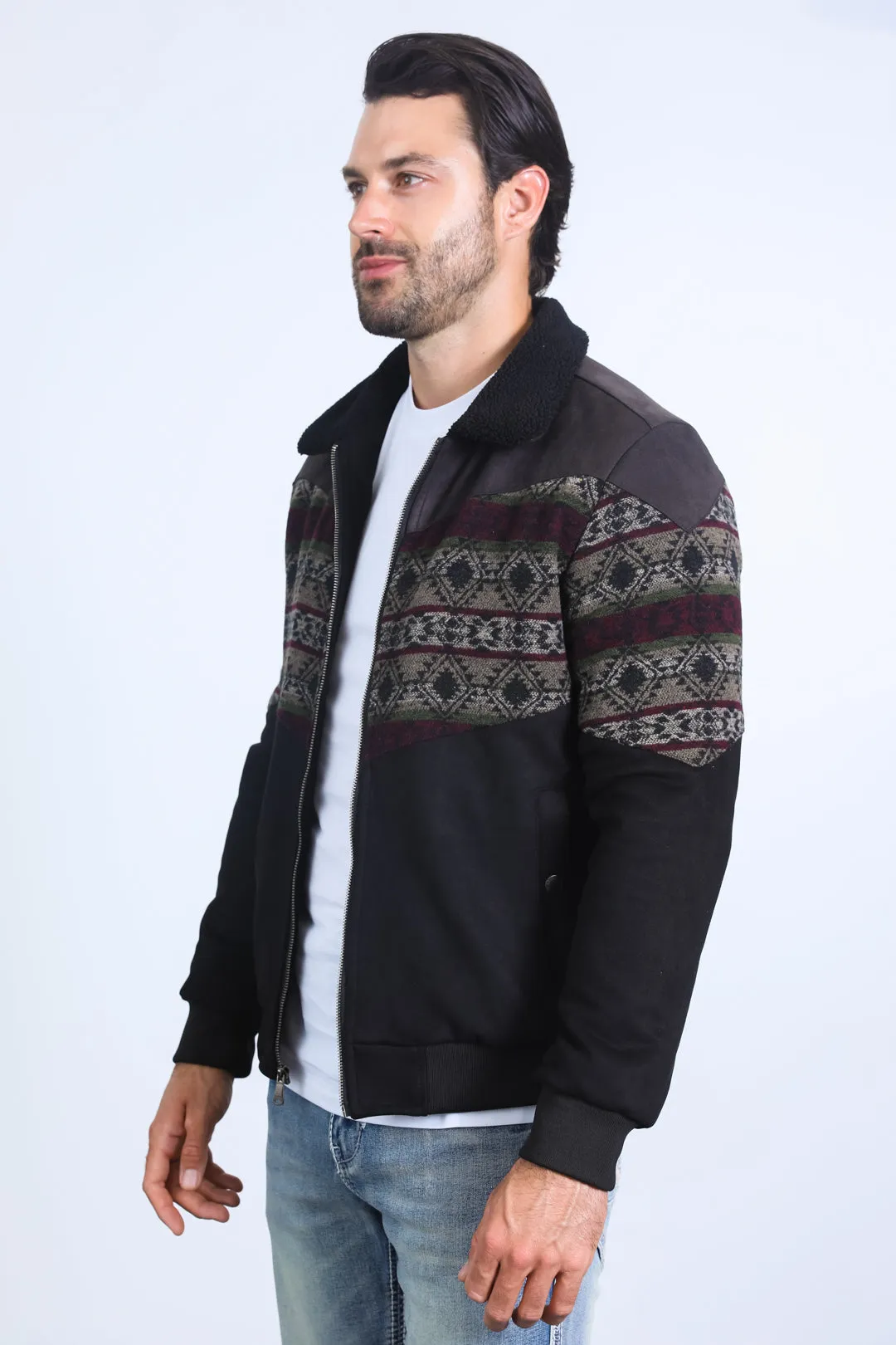 Mens Ethnic Aztec Quilted Twill Black/Charcoal Jacket W/Suede Accents