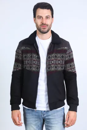 Mens Ethnic Aztec Quilted Twill Black/Charcoal Jacket W/Suede Accents