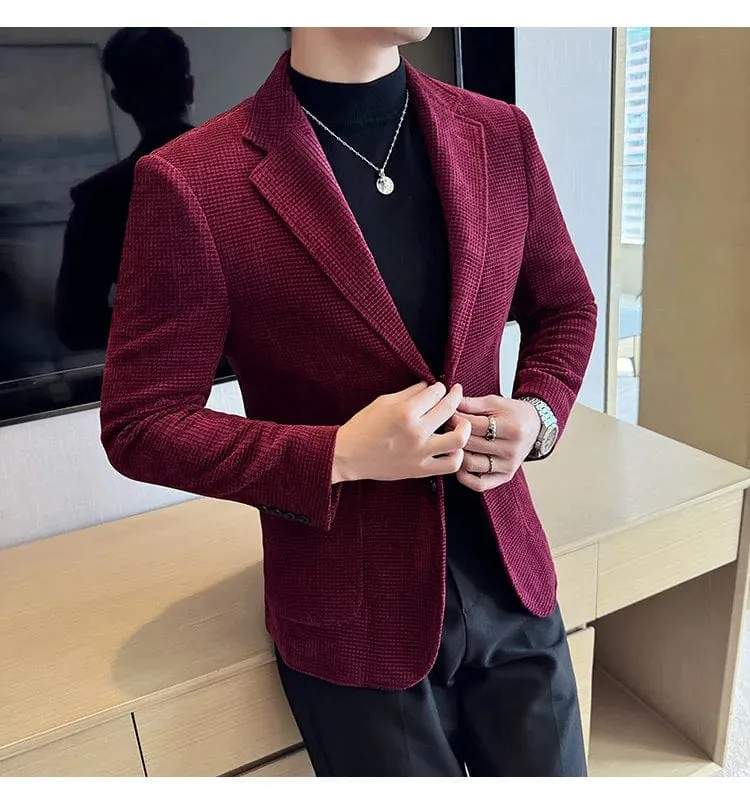 Men's Slim Fit Chenille Velvet Blazer – Autumn Winter Business Suit Jacket for Weddings, Banquets, and Parties