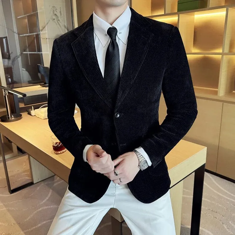 Men's Slim Fit Chenille Velvet Blazer – Autumn Winter Business Suit Jacket for Weddings, Banquets, and Parties