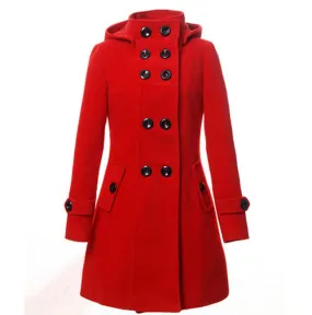 New Fashion Winter Wool Coat Women Coat Women's Slim Long Blend Hooded Collor Double Breasted Coat Outerwear