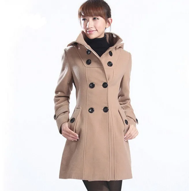 New Fashion Winter Wool Coat Women Coat Women's Slim Long Blend Hooded Collor Double Breasted Coat Outerwear