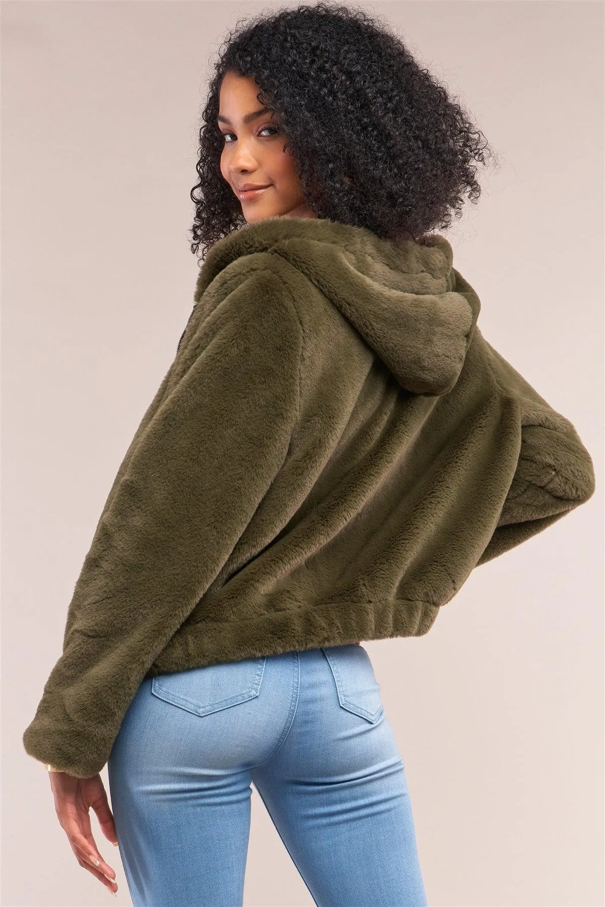 Olive Soft Faux Fur Hooded Zip-Up Jacket /4-2