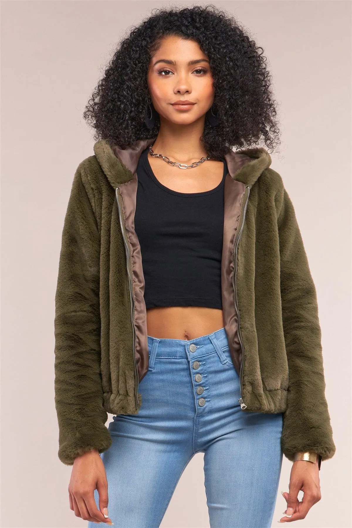 Olive Soft Faux Fur Hooded Zip-Up Jacket /4-2