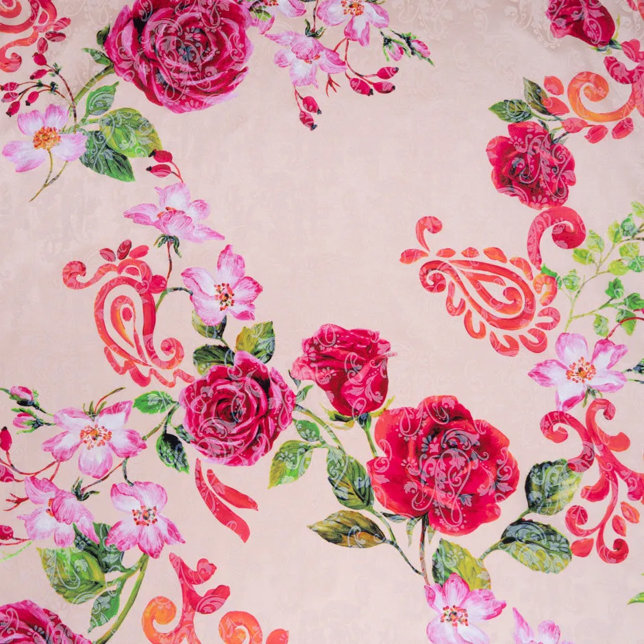 Pink Rose Vision Printed Salmon Pink Pure Silk