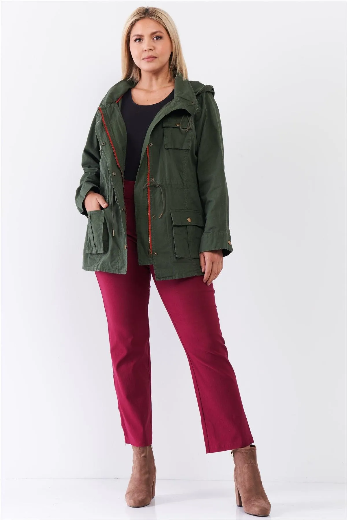 Plus Size Cotton Button Down Hood Utility Jacket /1-4-2