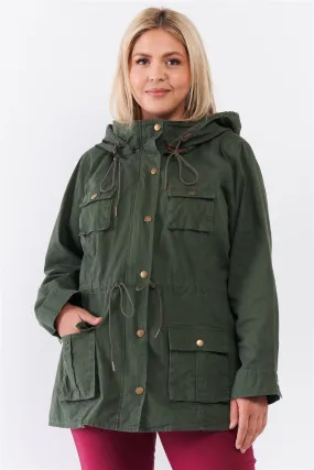 Plus Size Cotton Button Down Hood Utility Jacket /1-4-2