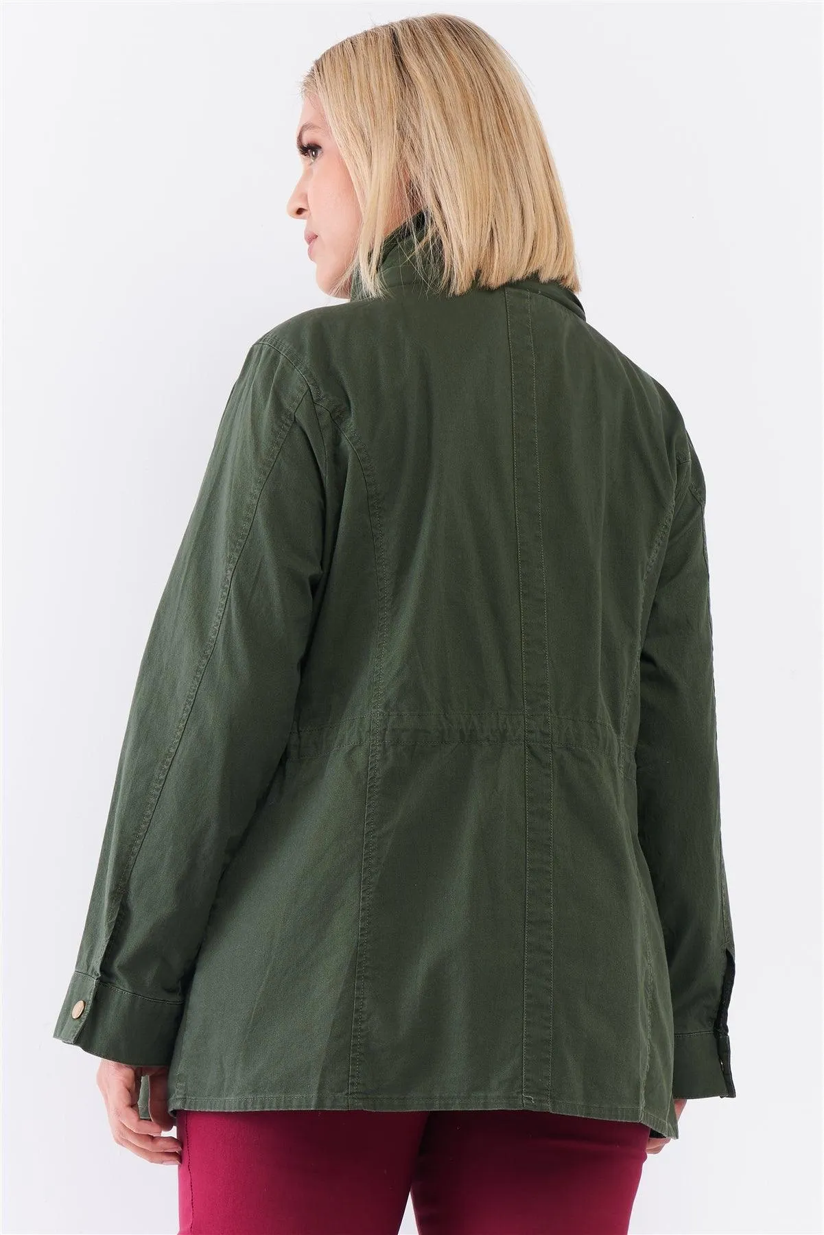 Plus Size Cotton Button Down Hood Utility Jacket /1-4-2