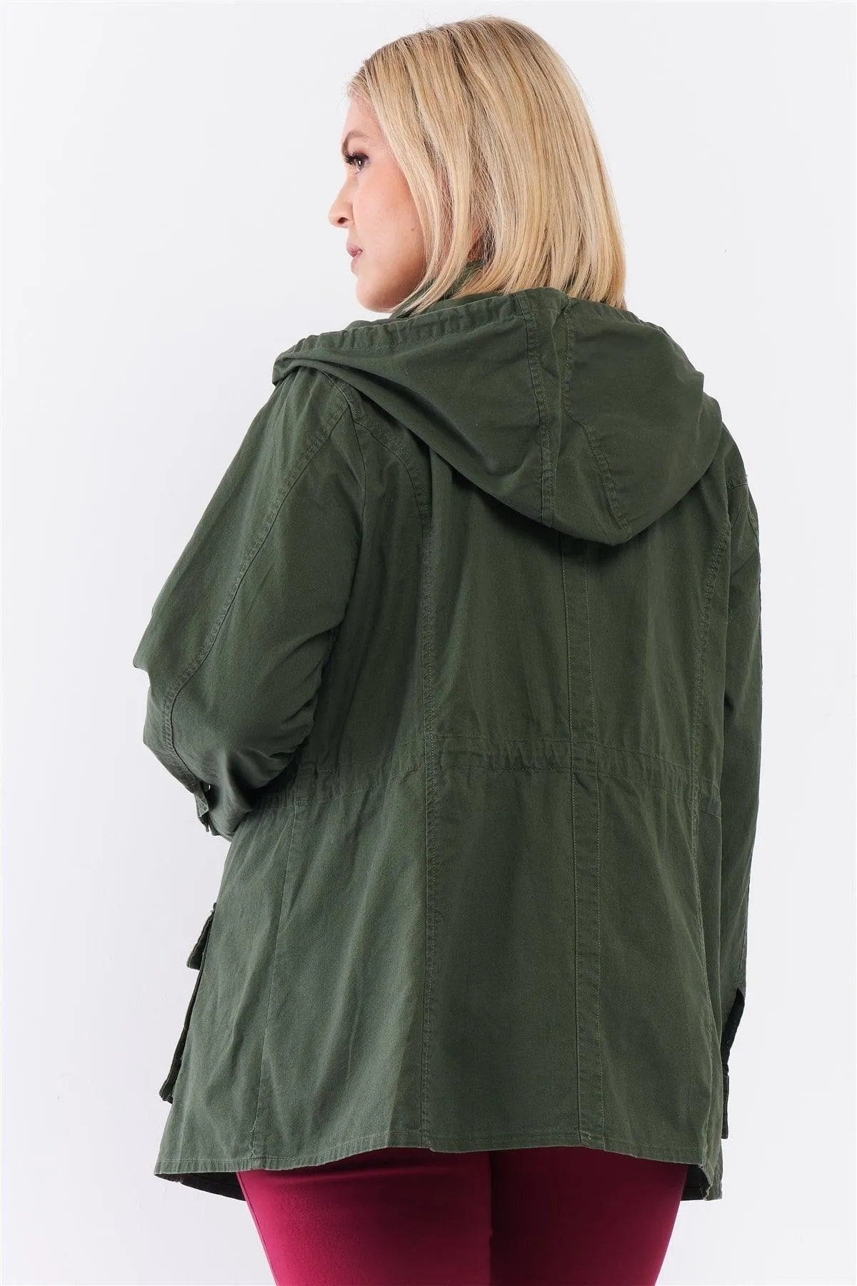 Plus Size Cotton Button Down Hood Utility Jacket /1-4-2