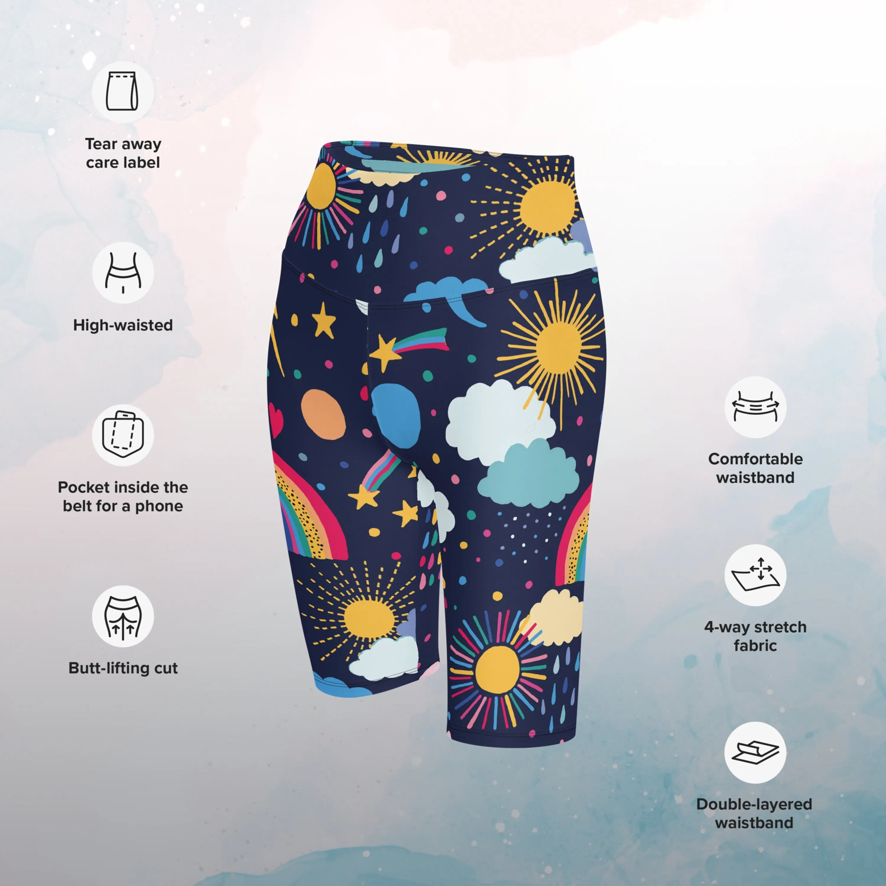 Rainbows and Rain Clouds Weather Themed Womens Long Bike Shorts for Yoga or Swimming