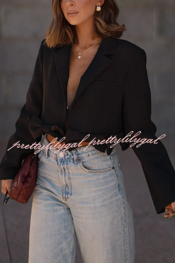 So Chic Bow Trim Long Sleeve Lapel Crop Blazer