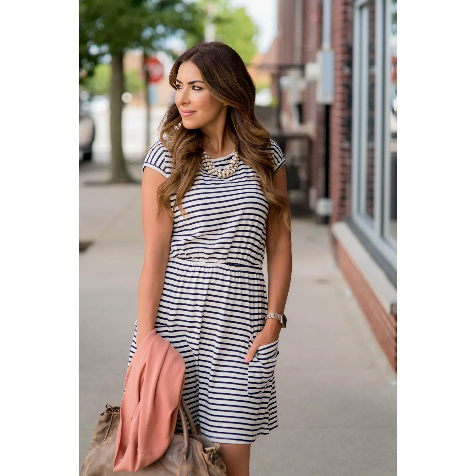 Striped Front Pocket Tee Dress