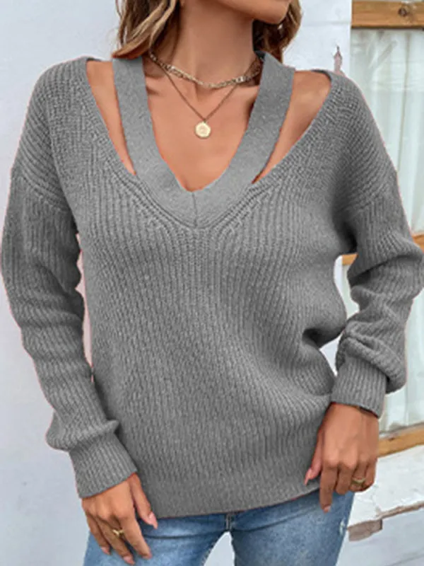 Stylish Loose Solid Color V-Neck Sweater Tops