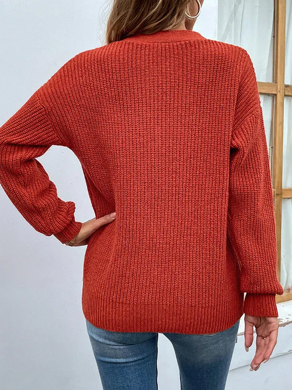 Stylish Loose Solid Color V-Neck Sweater Tops