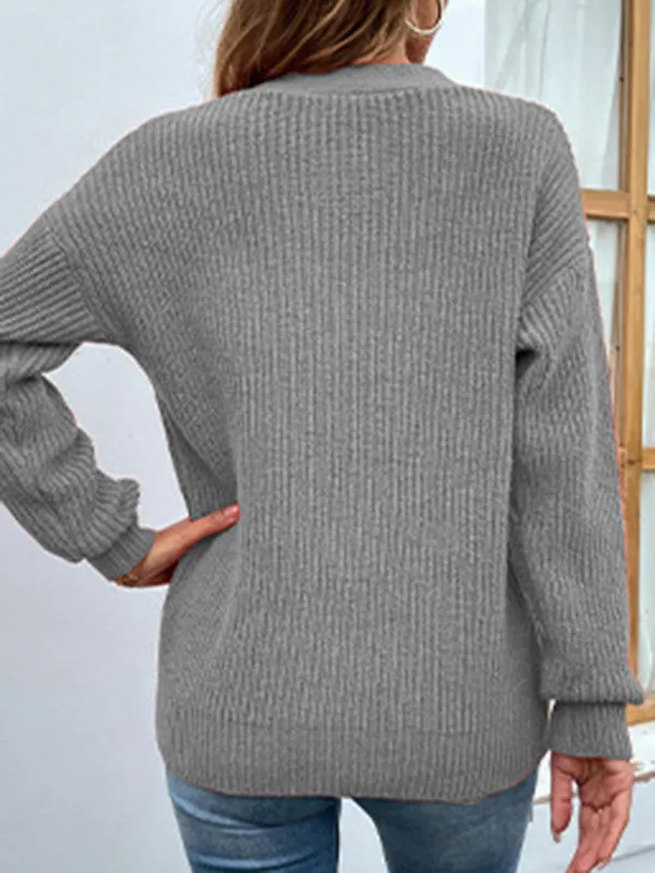 Stylish Loose Solid Color V-Neck Sweater Tops