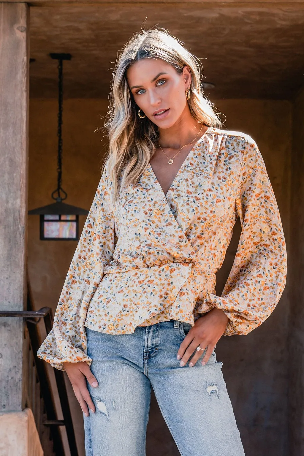 Taupe Floral Print Surplice Top