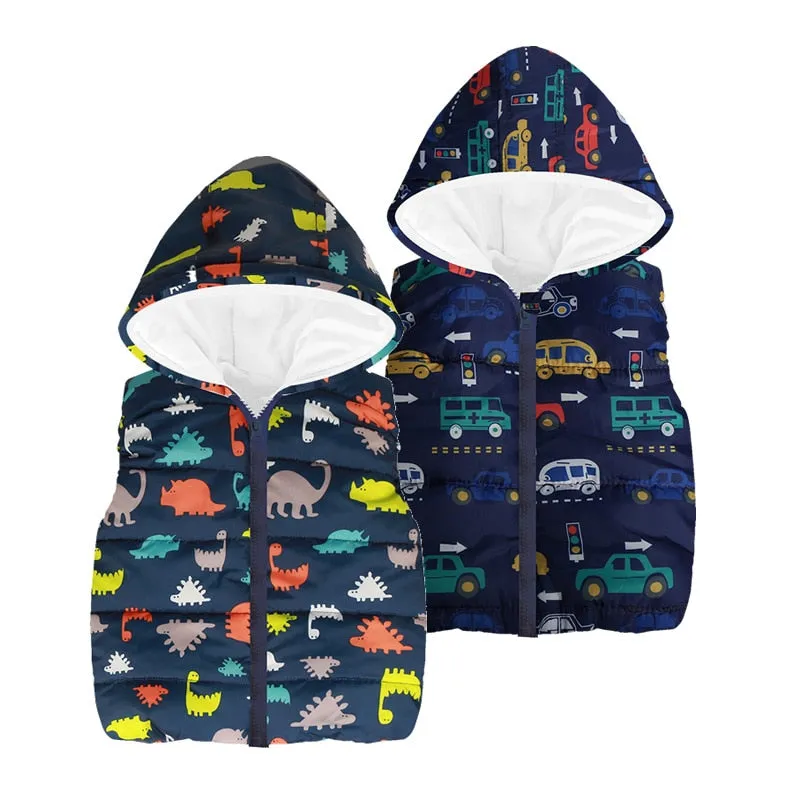 Trendy Autumn/Winter Warm Sleeveless Print Jackets With Hood For Kids