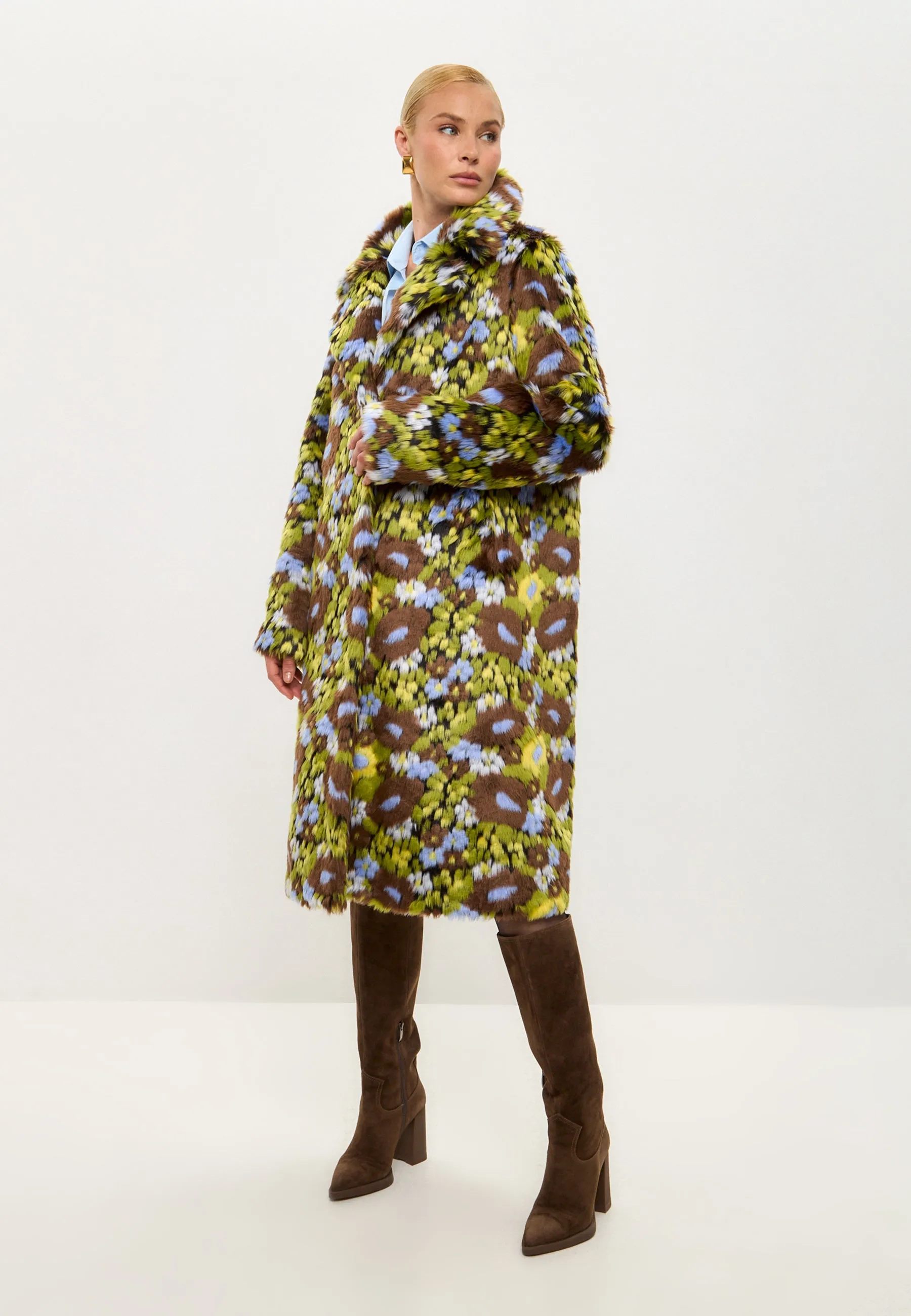 Trendy Faux Fur Long Coat with Vibrant Floral Print