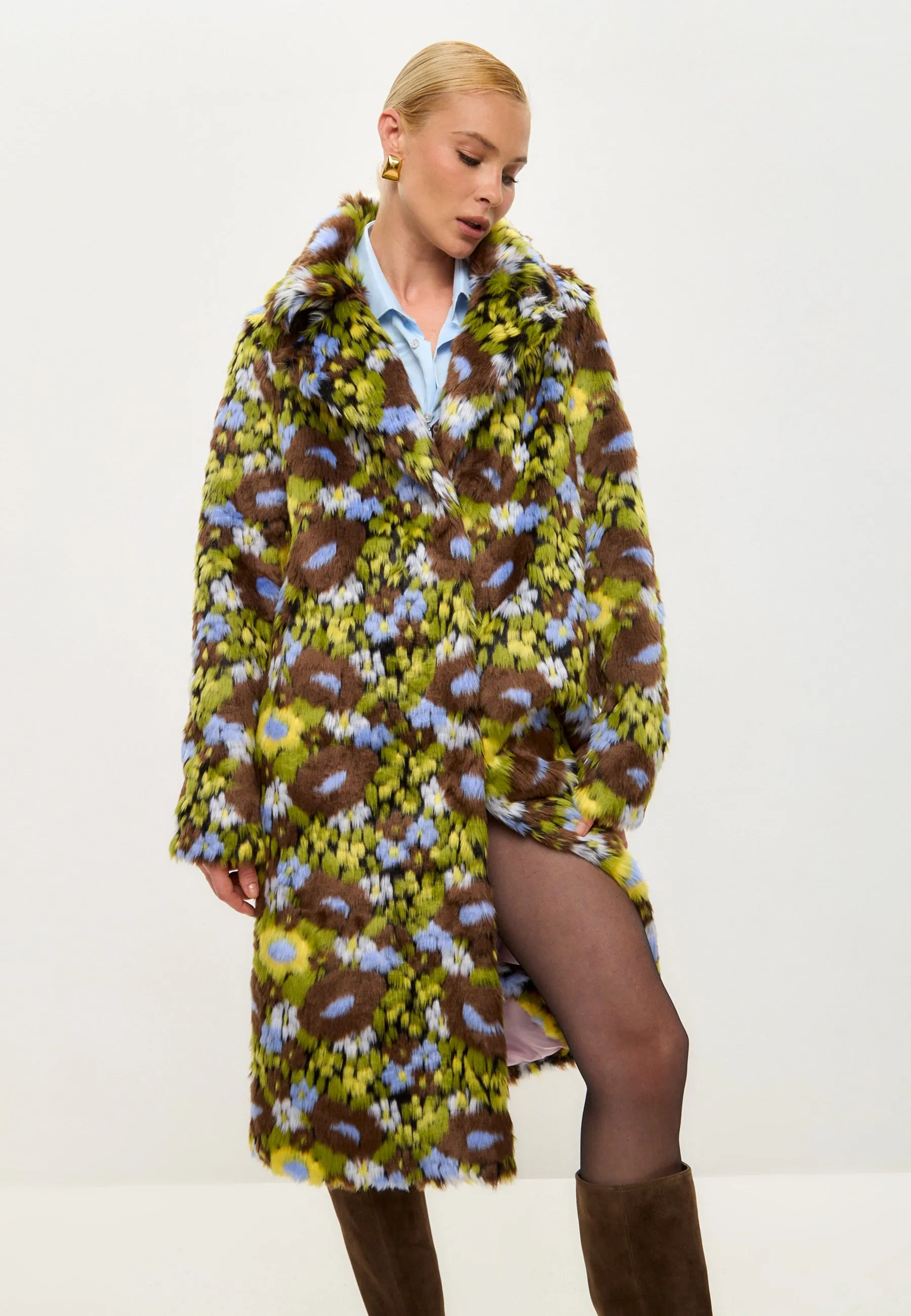 Trendy Faux Fur Long Coat with Vibrant Floral Print