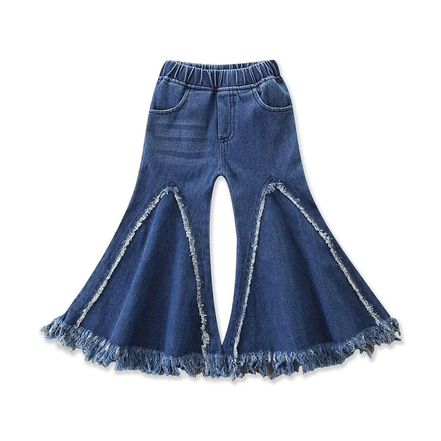 Trendy Girls' Elastic Waist Flared Denim Trousers Blue