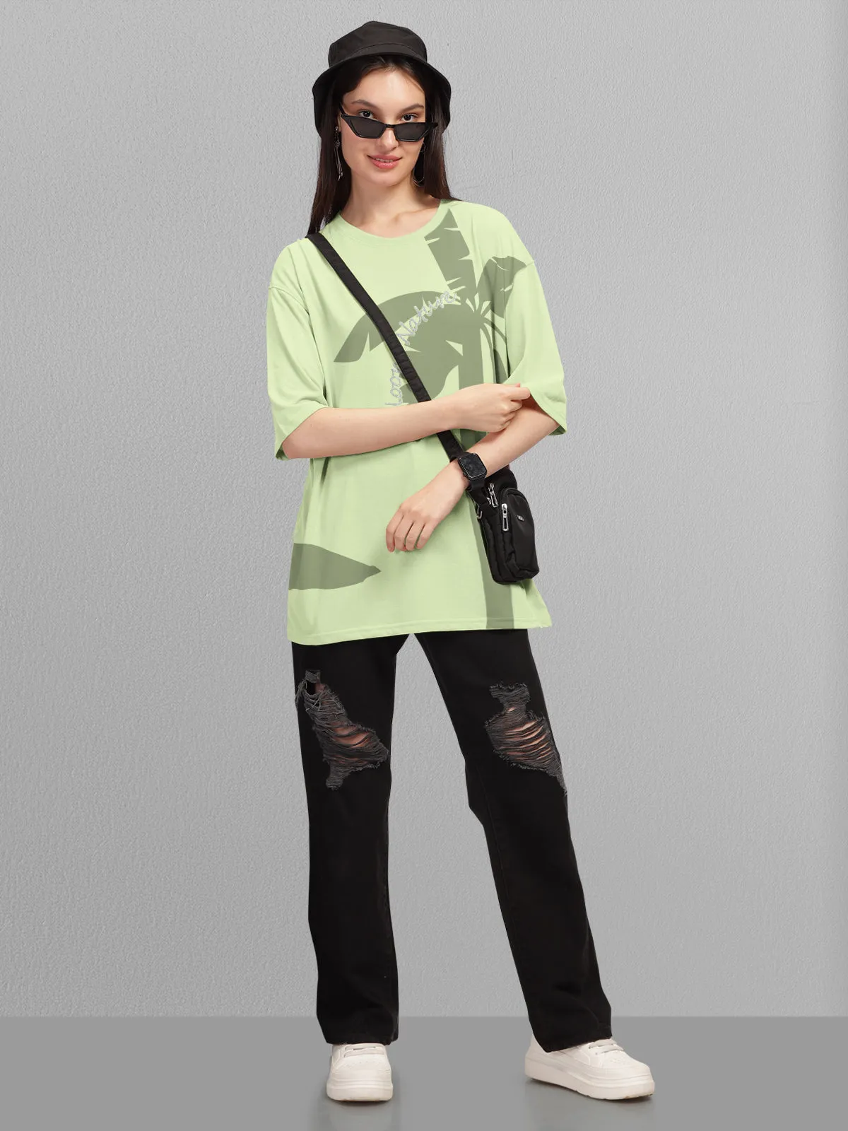 Trendy Green Printed Oversized T-shirt for Women