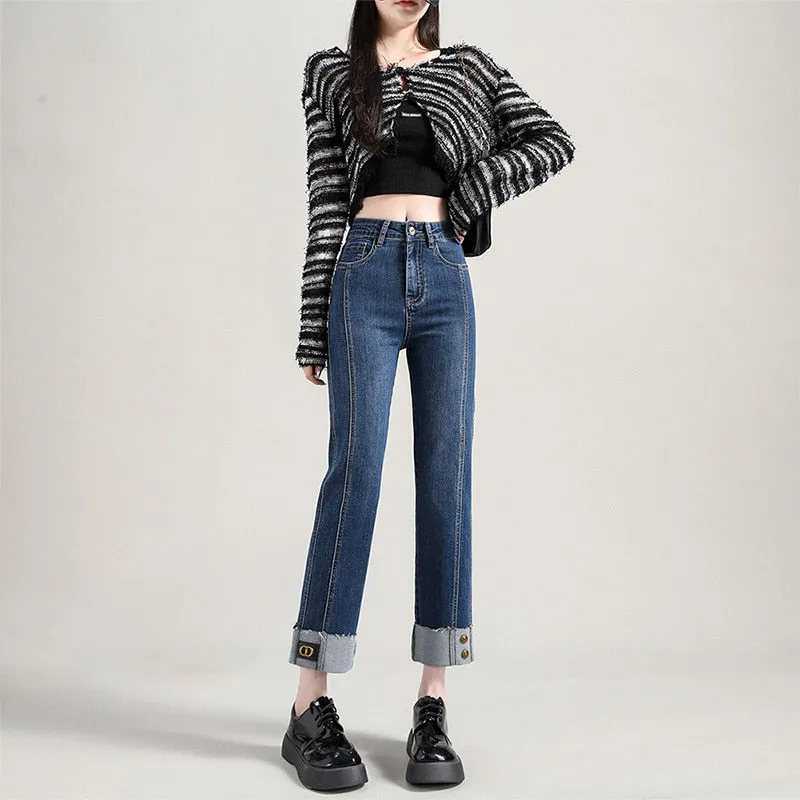 Trendy High Waist Straight Cut Boyfriend Jeans