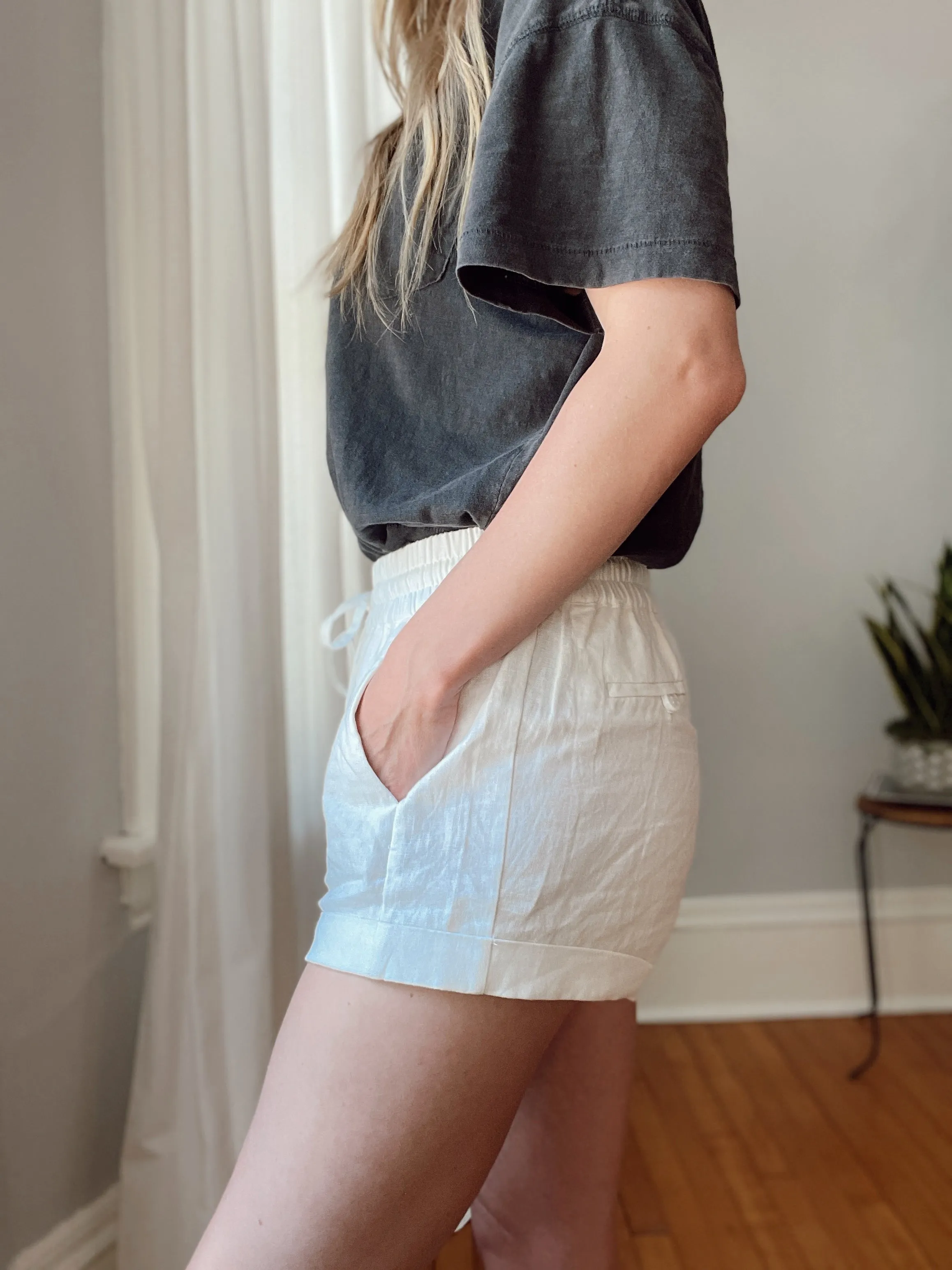 White Linen Tie Shorts