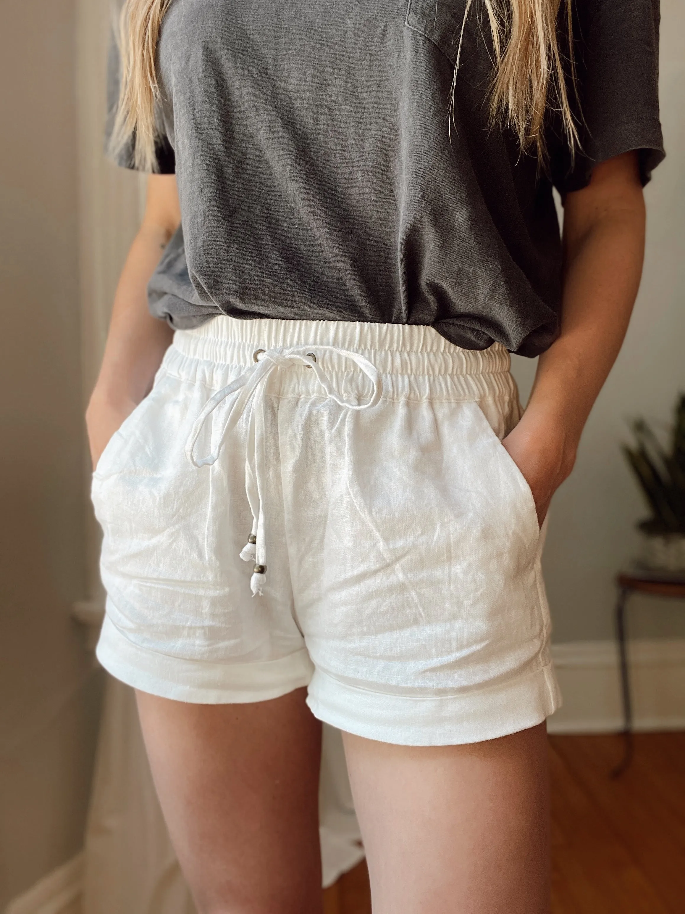 White Linen Tie Shorts