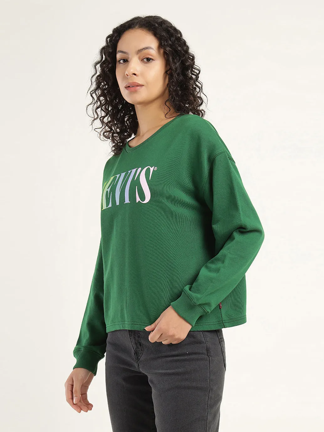 Women's Solid Dark Green Crew Neck Sweatshirt