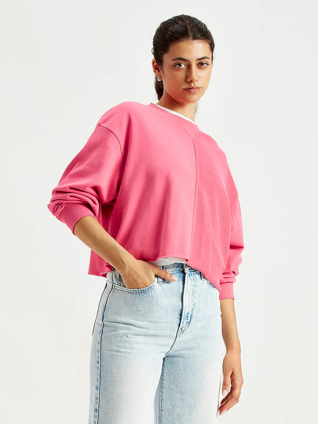 Women's Solid Pink Crew Neck Sweatshirt