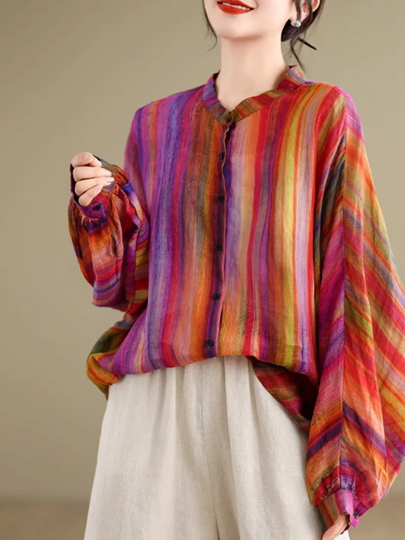 Women's Stylish Everyday Rainbow Striped Loose Shirt Tops