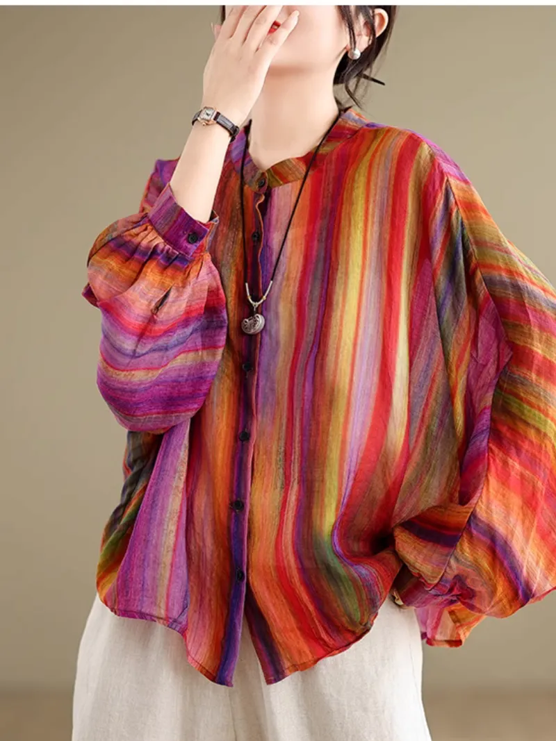 Women's Stylish Everyday Rainbow Striped Loose Shirt Tops