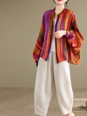 Women's Stylish Everyday Rainbow Striped Loose Shirt Tops