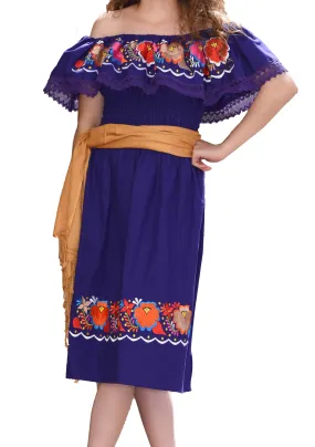 Womens Traditional Embroidered Manta Off Shoulder Dress Floral Loop Purple